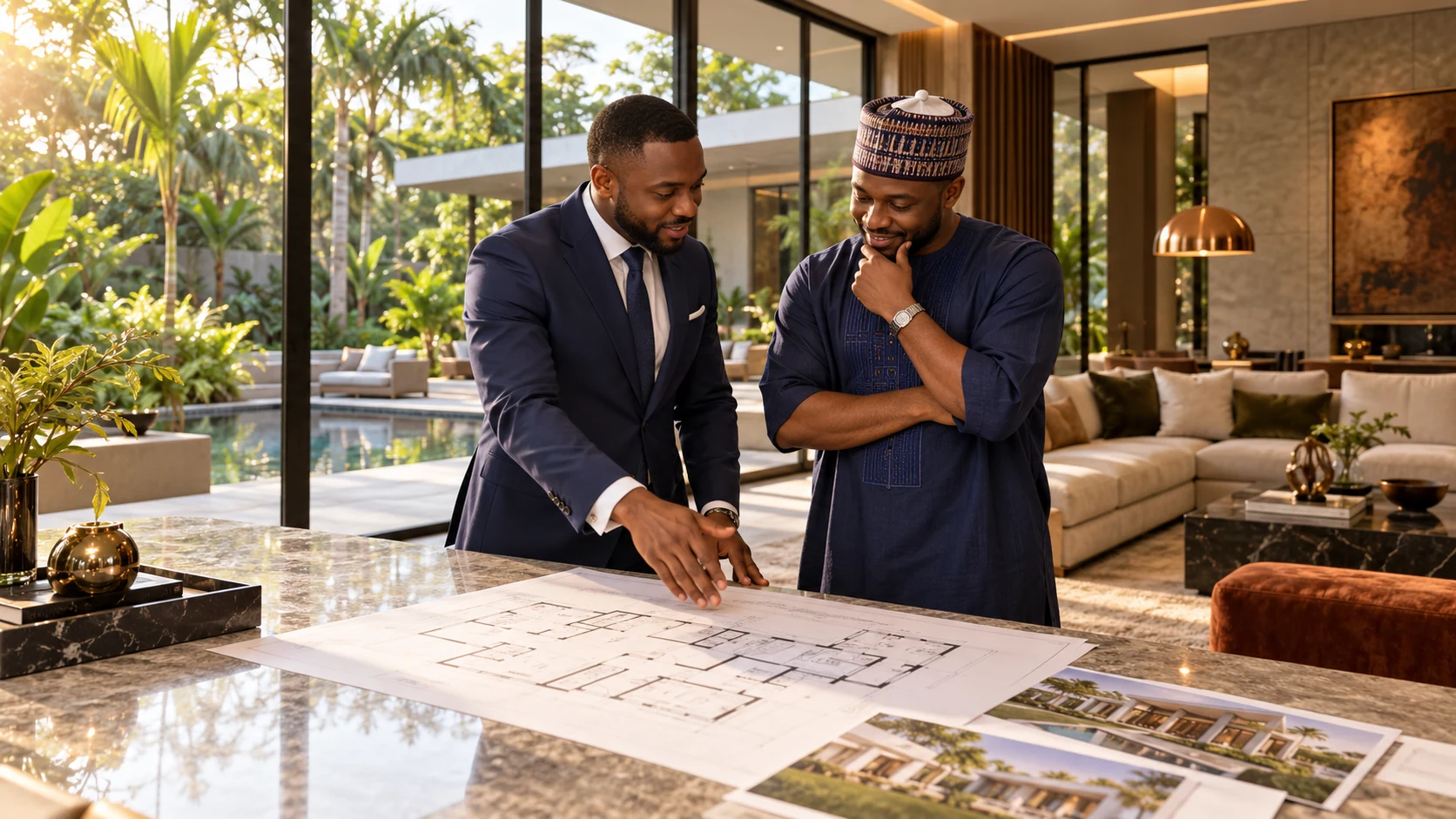 A Nigerian advisor and client reviewing a property brief